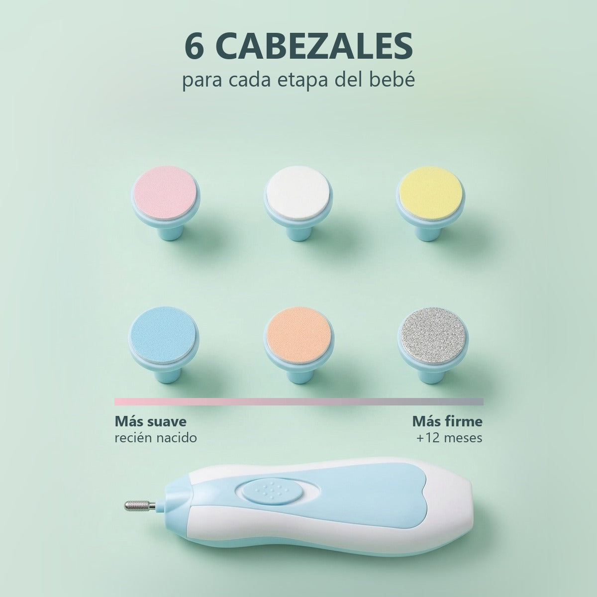 6 cabezales para cada etapa del bebé, del más suave al más firme