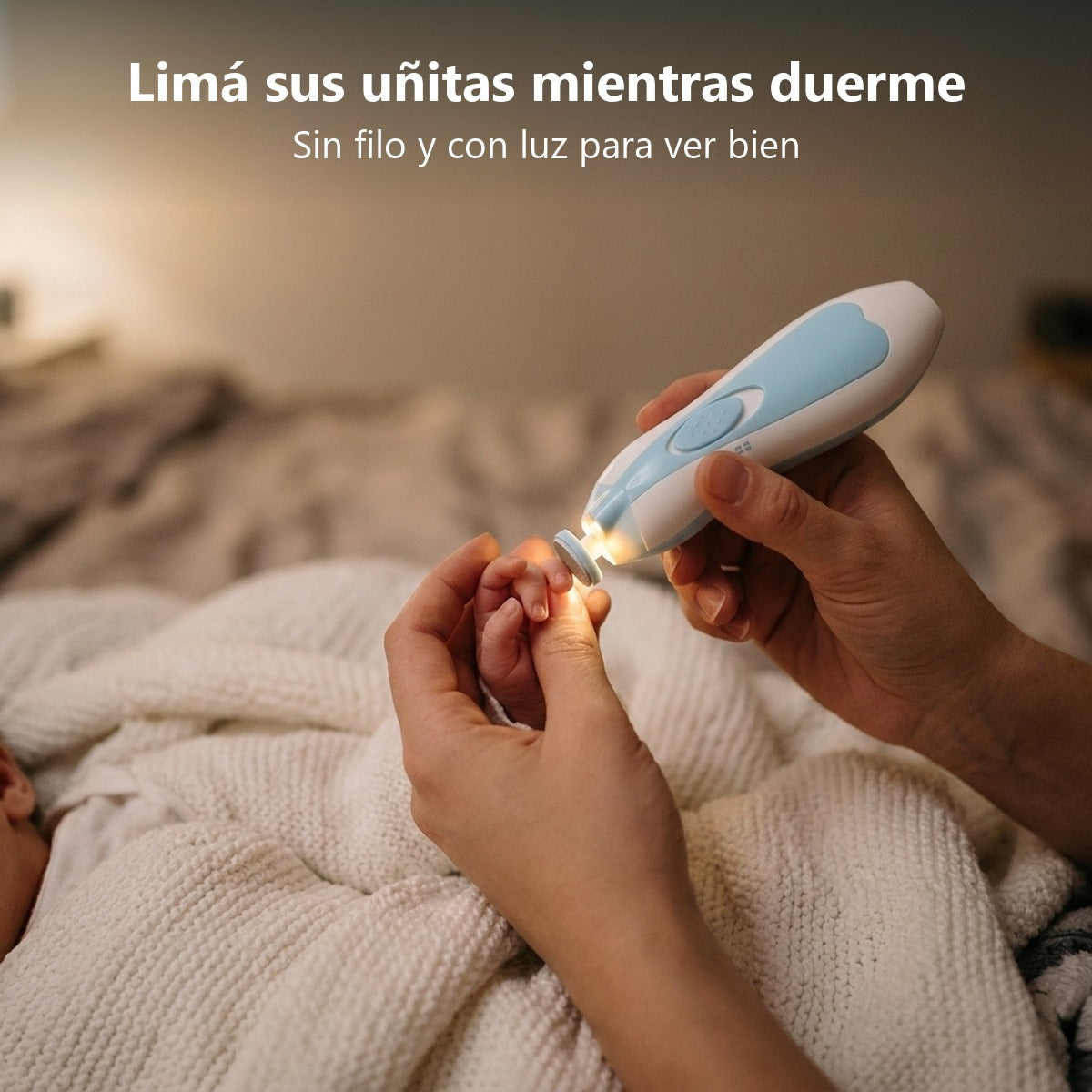 Mamá limando las uñitas del bebé mientras duerme, con la luz de la lima